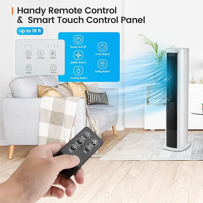 Portable Evaporative Air Cooler for Room, 40-Inch Bladeless Cooling Tower Cooler with Remote Control, 4 Ice, alternate view 3