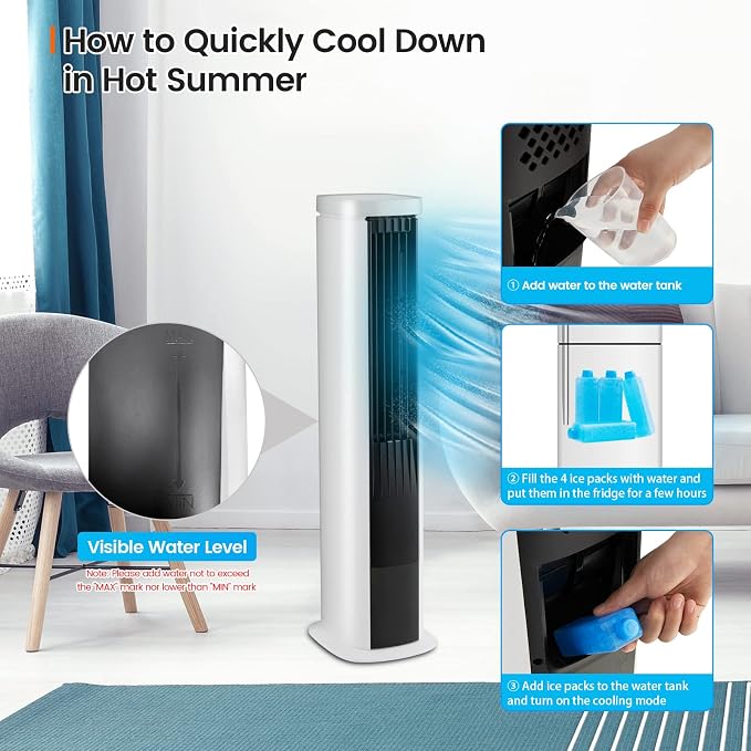 Portable Evaporative Air Cooler for Room, 40-Inch Bladeless Cooling Tower Cooler with Remote Control, 4 Ice, alternate view 6