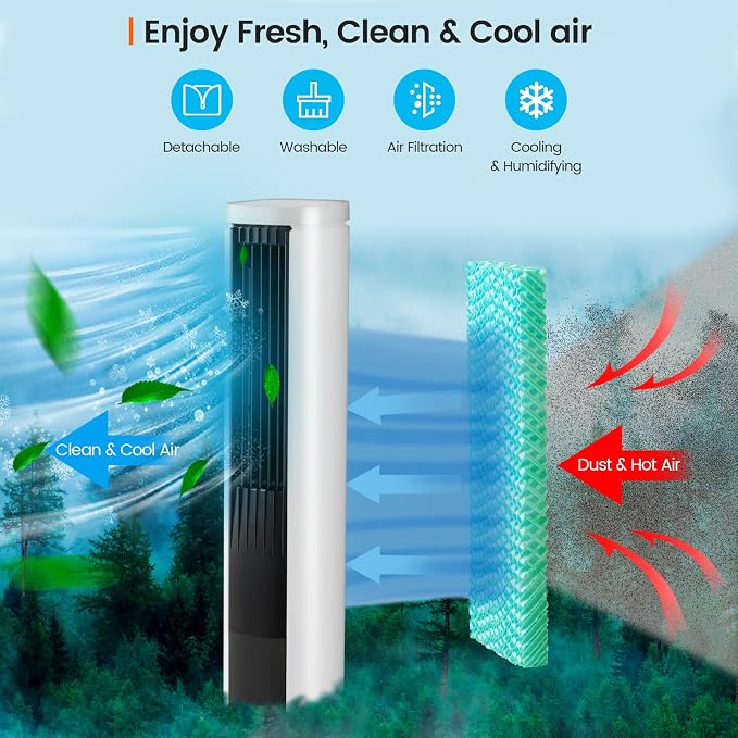 Portable Evaporative Air Cooler for Room, 40-Inch Bladeless Cooling Tower Cooler with Remote Control, 4 Ice, alternate view 7