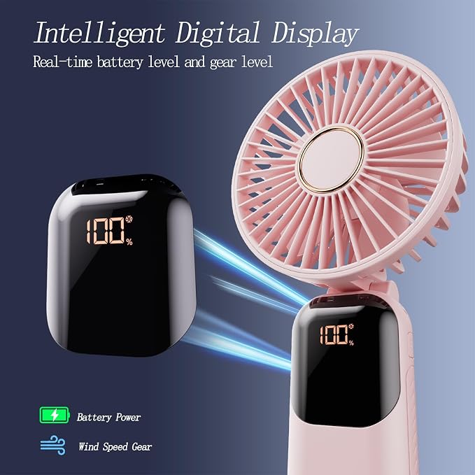 Portable Fan, 4200mAh Battery Operated Fan, 5 Speeds&Digital Display, Makeup Fans for Women with Base, 180°Foldable 3in1