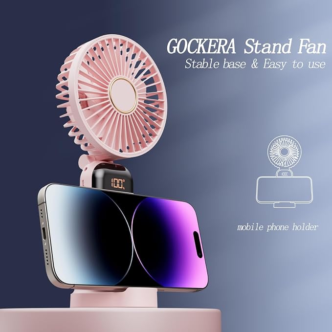 Portable Fan, 4200mAh Battery Operated Fan, 5 Speeds&Digital Display, Makeup Fans for Women with Base, 180°Foldable 3in1