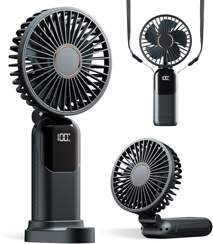 Portable Fan, 4200mAh Battery Operated Fan, 5 Speeds&Digital Display, Makeup Fans for Women with Base, 180°Foldable 3in1