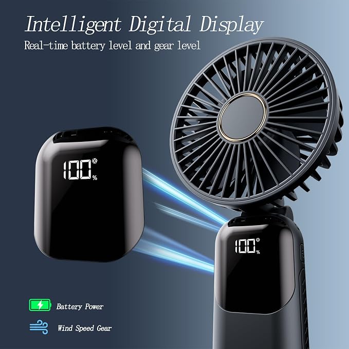 Portable Fan, 4200mAh Battery Operated Fan, 5 Speeds&Digital Display, Makeup Fans for Women with Base, 180°Foldable 3in1