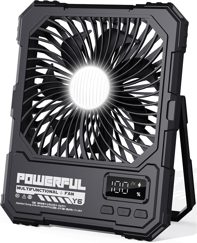 Portable Fan, Camping Fan, 6-Inch Rechargeable Ultra Thin Foldable Desk Fan with LED Light, Built-in Power Bank, Remote