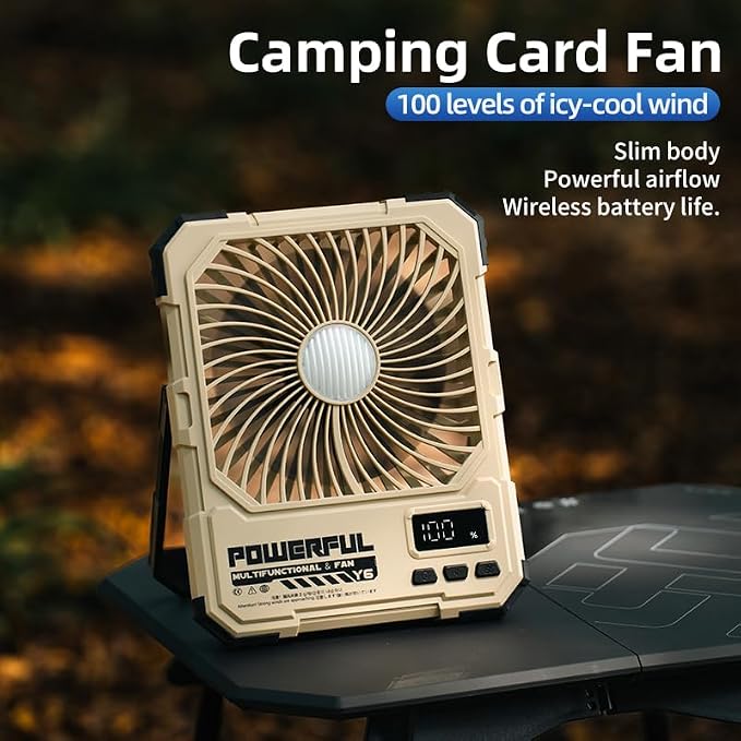 Portable Fan, Camping Fan, 6-Inch Rechargeable Ultra Thin Foldable Desk Fan with LED Light, Built-in Power Bank, Remote