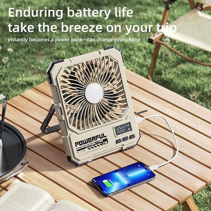 Portable Fan, Camping Fan, 6-Inch Rechargeable Ultra Thin Foldable Desk Fan with LED Light, Built-in Power Bank, Remote