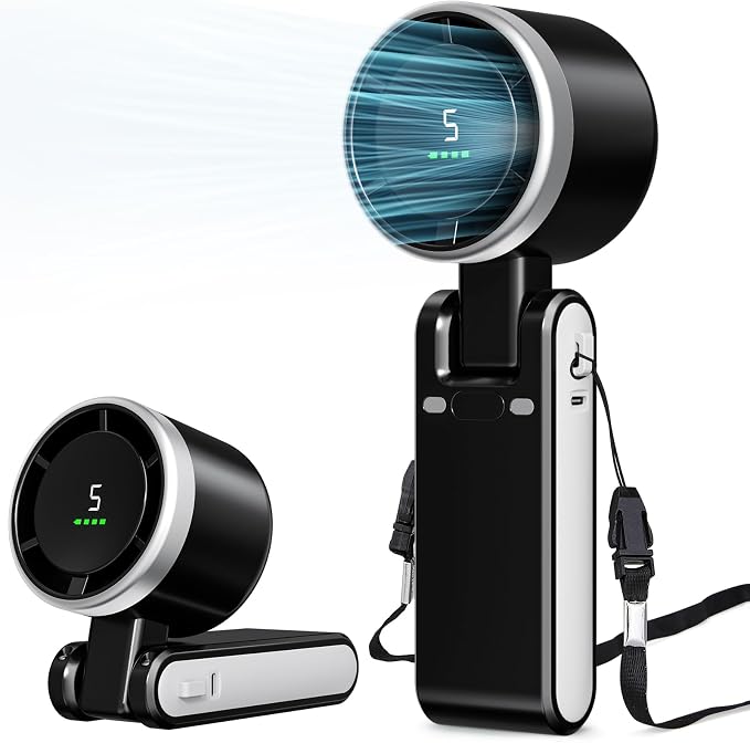 Portable Fan, Mini Fan, Handheld Turbo Fan, Portable Rechargeable Fan, 5-Speed, LED Display, Foldable Design (Black), product