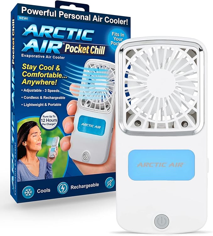 Portable Fan, Pocket Chill Handheld Mini Fan, Rechargeable Personal Air Cooler with Hydro-Chill Technology, 3 Speeds &