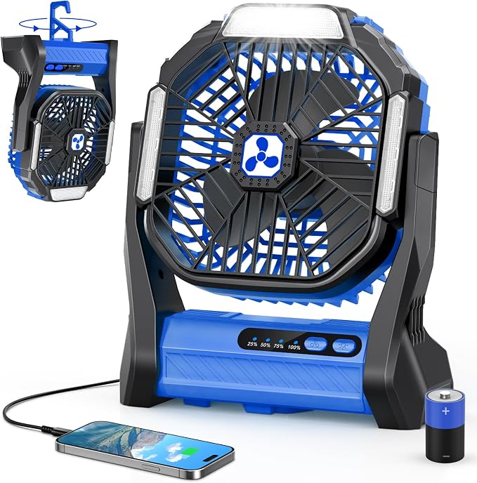 Portable Fan Rechargeable, 20000mAh Cordless Battery Powered Camping Tent Fans with SOS & LED Lantern, Small USB