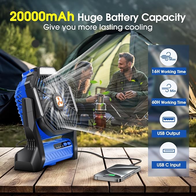 Portable Fan Rechargeable, 20000mAh Cordless Battery Powered Camping Tent Fans with SOS & LED Lantern, Small USB, alternate
