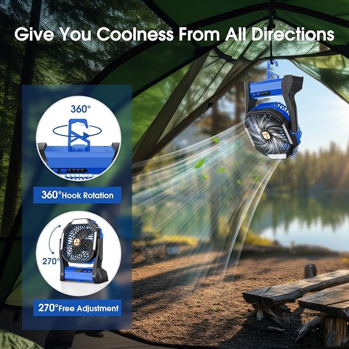 Portable Fan Rechargeable, 20000mAh Cordless Battery Powered Camping Tent Fans with SOS & LED Lantern, Small USB, alternate