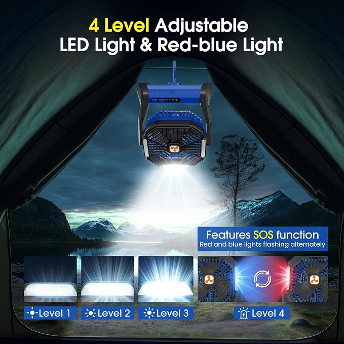 Portable Fan Rechargeable, 20000mAh Cordless Battery Powered Camping Tent Fans with SOS & LED Lantern, Small USB, alternate