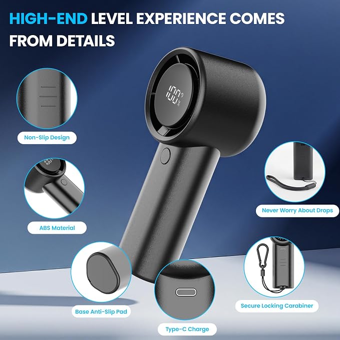 Portable Fan Rechargeable with 20H Battery Life, Mini Portable Handheld Fans with 5 Speeds & LED Display, 6.5m/s Strong