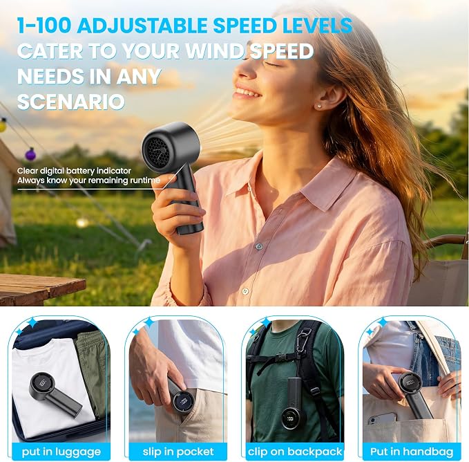 Portable Fan Rechargeable with 20H Battery Life, Mini Portable Handheld Fans with 5 Speeds & LED Display, 6.5m/s Strong