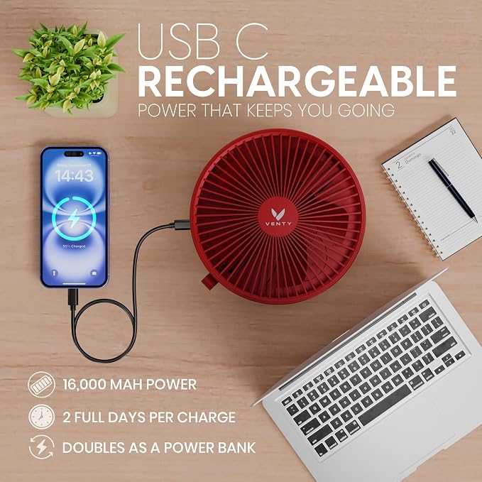 Portable Fan - Wireless Battery Operated Fan - 4 Speeds - LED Lighting - Carry Case & Remote Control - Cruise Travel