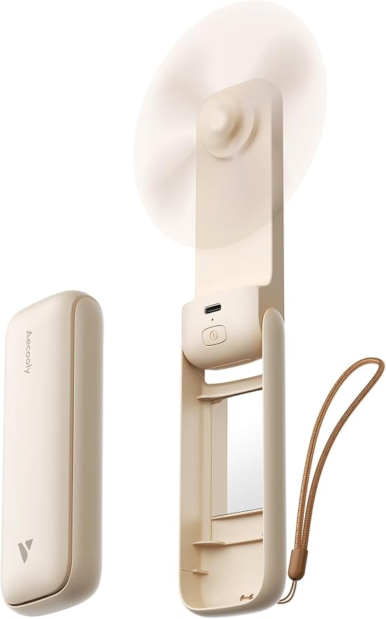 Portable Fan with Mirror, Thin Handheld Fan, USB Rechargeable Mini Personal [24H Max Cooling Time], product image