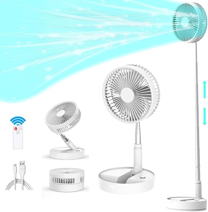 Portable Foldable Oscillating Fan with Remote Control, 7200mAh Rechargeable USB Standing Fan, 8'' Quiet Table Fan with 3