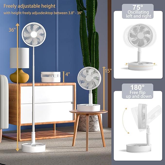 Portable Foldable Oscillating Fan with Remote Control, 7200mAh Rechargeable USB Standing Fan, 8'' Quiet Table Fan with 3