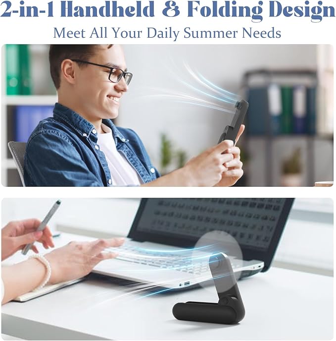 Portable Handheld Fan, 2 IN 1 Mini Hand Fan, Battery Operated [8-15 Working Hours], USB Rechargeable Personal Foldable Fan