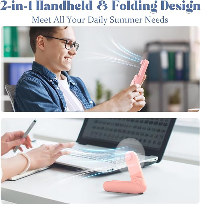 Portable Handheld Fan, 2 IN 1 Mini Hand Fan, Battery Operated [8-15 Working Hours], USB Rechargeable Personal Foldable Fan