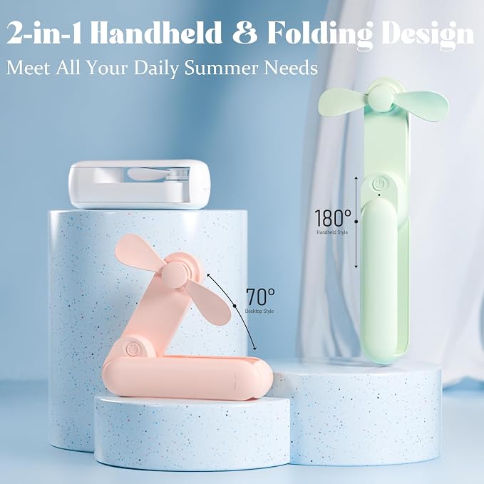 Portable Handheld Fan, 2 IN 1 Mini Hand Fan, Battery Operated [8-15 Working Hours], USB Rechargeable Personal Foldable Fan
