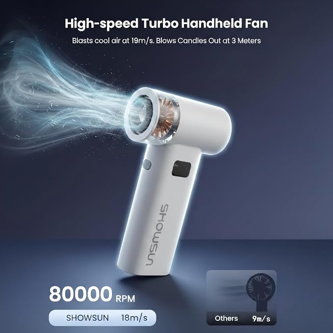 Portable Handheld Fan, 3-in-1 80,000 RPM Turbo Fan with 6 Speeds, USB-C Rechargeable Battery, Handheld Mini Vacuum and Air