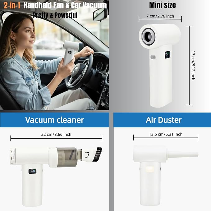 Portable Handheld Fan, 3-in-1 80,000 RPM Turbo Fan with 6 Speeds, USB-C Rechargeable Battery, Handheld Mini Vacuum and Air