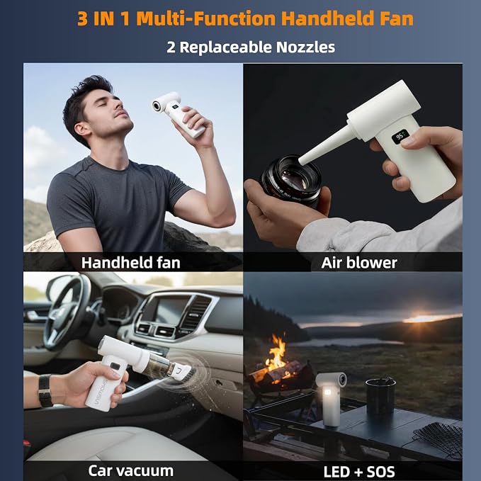 Portable Handheld Fan, 3-in-1 80,000 RPM Turbo Fan with 6 Speeds, USB-C Rechargeable Battery, Handheld Mini Vacuum and Air