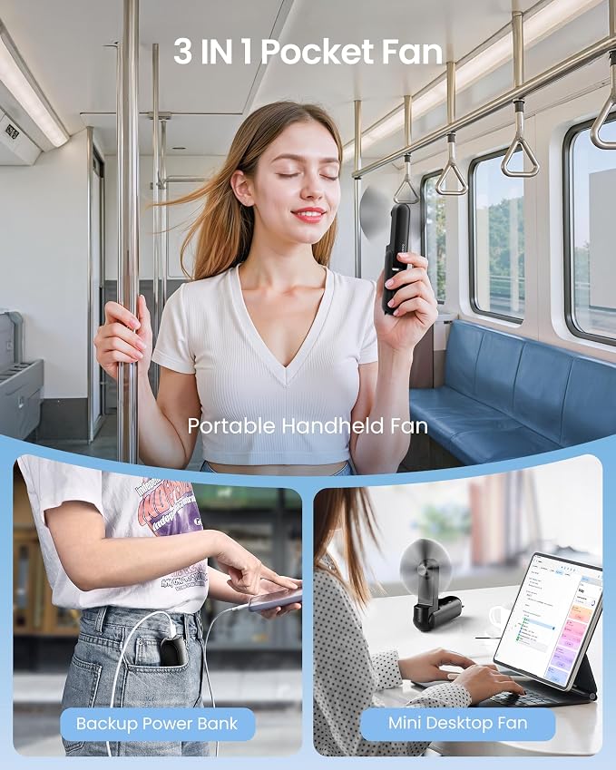 Portable Handheld Fan, 3 IN 1 Mini Foldable Travel Fans [17H Max Cooling Time] with Power Bank, Pocket Design USB