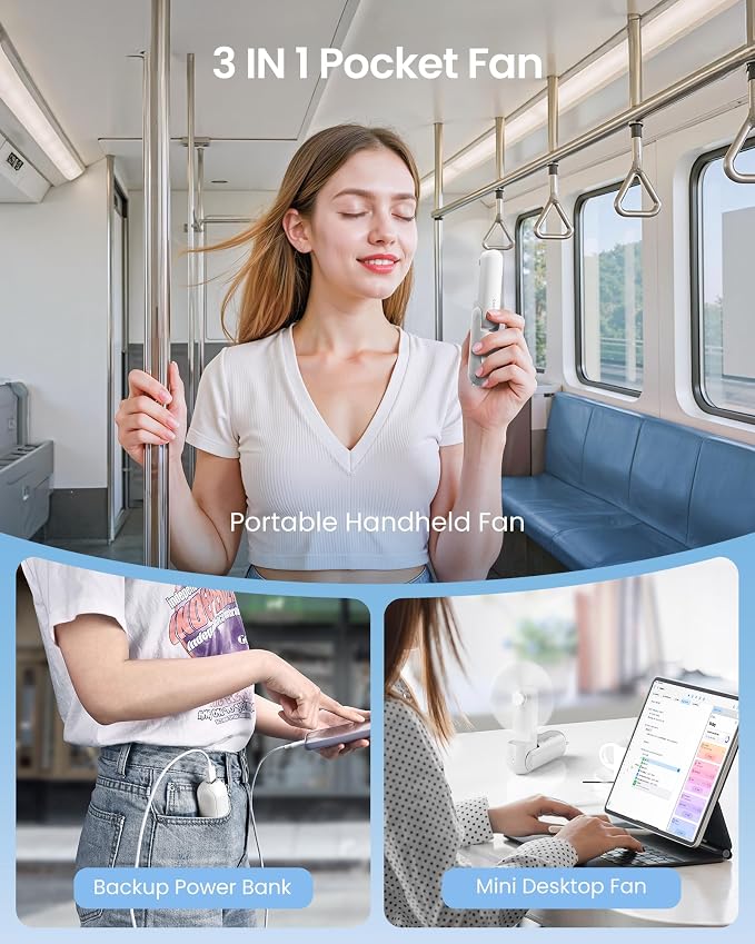 Portable Handheld Fan, 3 IN 1 Mini Foldable Travel Fans [17H Max Cooling Time] with Power Bank, Pocket Design, alternate view