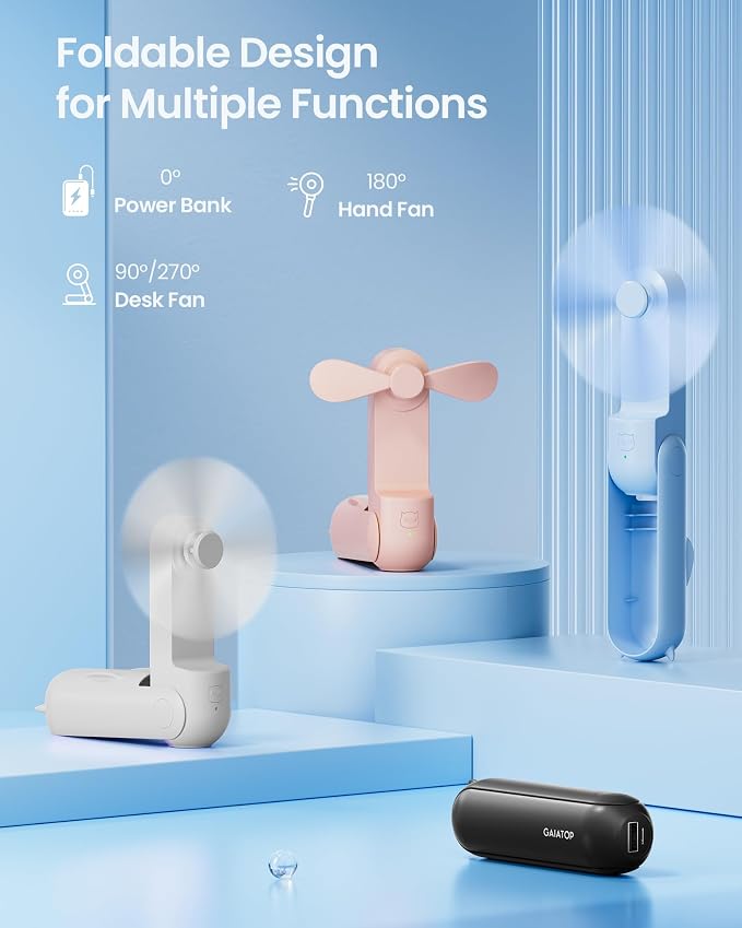Portable Handheld Fan, 3 IN 1 Mini Foldable Travel Fans [17H Max Cooling Time] with Power Bank, Pocket Design, alternate view