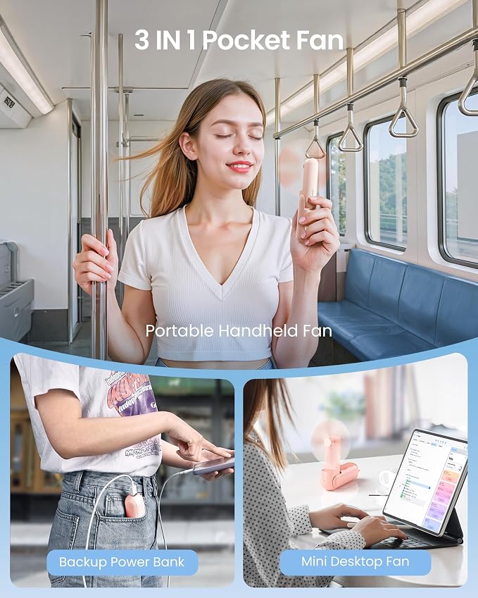 Portable Handheld Fan, 3 IN 1 Mini Foldable Travel Fans [17H Max Cooling Time] with Power Bank, Pocket Design, alternate view