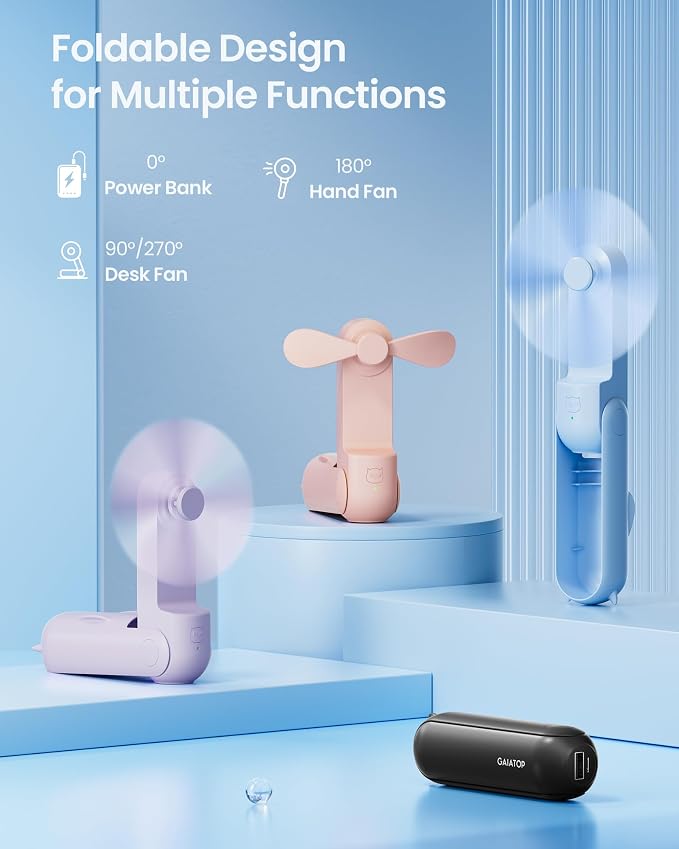 Portable Handheld Fan, 3 IN 1 Mini Foldable Travel Fans [17H Max Cooling Time] with Power Bank, Pocket Design, alternate view