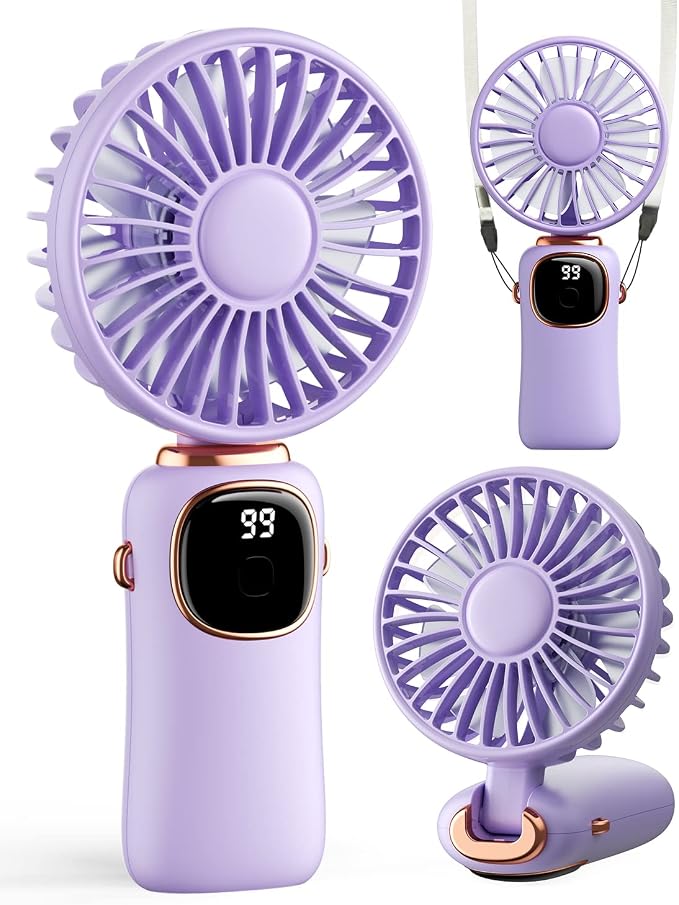 Portable Handheld Fan, 4000mAh Battery Operated 3 in 1 Multifunction Personal Travel Fans with Digital Display, 90° Foldable