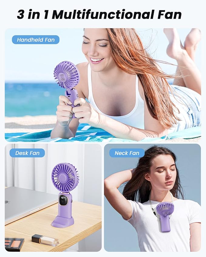 Portable Handheld Fan, 4000mAh Battery Operated 3 in 1 Multifunction Personal Travel Fans with Digital Display, 90° Foldable