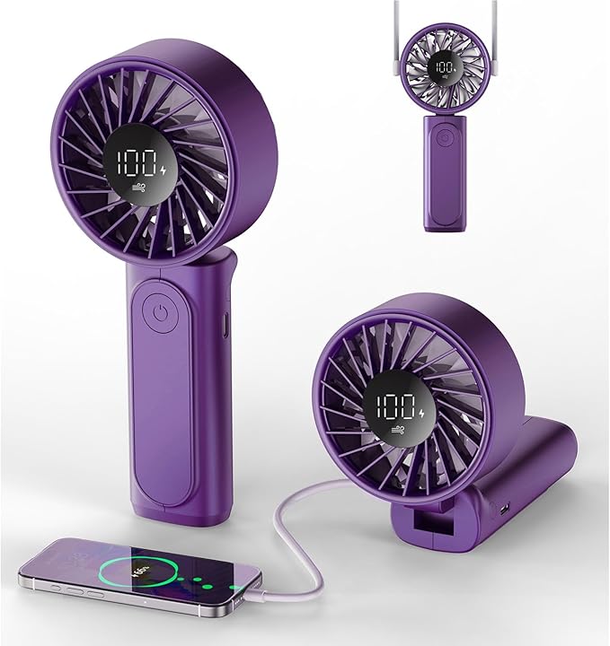 Portable Handheld Fan, 4000mAh, USB Rechargeable 180° Foldable Mini Desk Fan, 6 Wind Speed, LCD Digital Display, Lanyard as