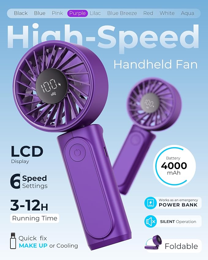 Portable Handheld Fan, 4000mAh, USB Rechargeable 180° Foldable Mini Desk Fan, 6 Wind Speed, LCD Digital Display, Lanyard as