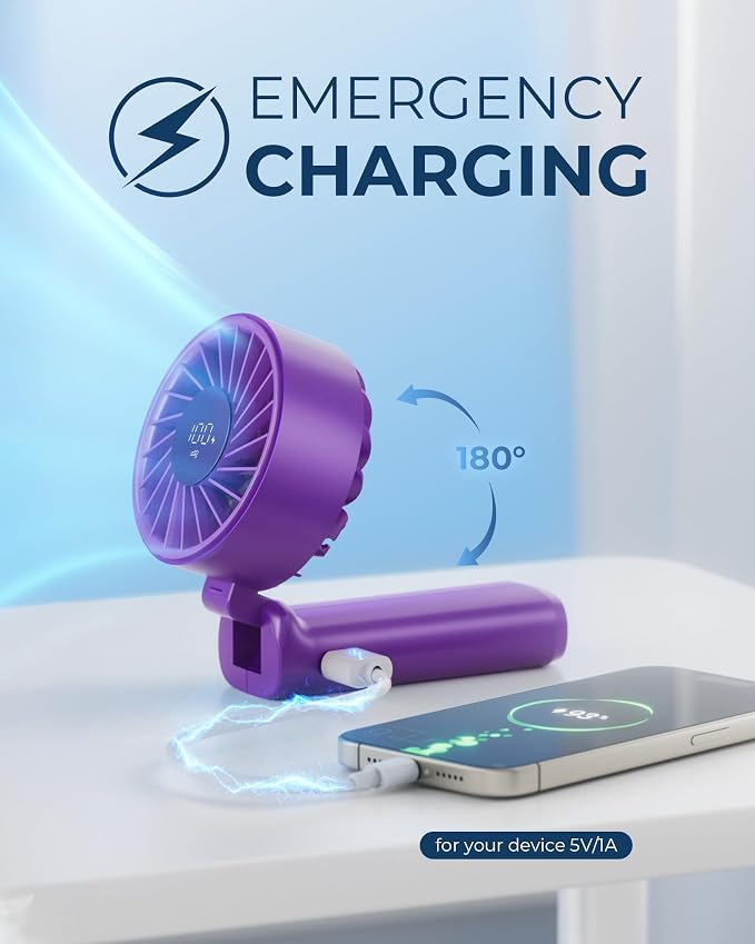 Portable Handheld Fan, 4000mAh, USB Rechargeable 180° Foldable Mini Desk Fan, 6 Wind Speed, LCD Digital Display, Lanyard as