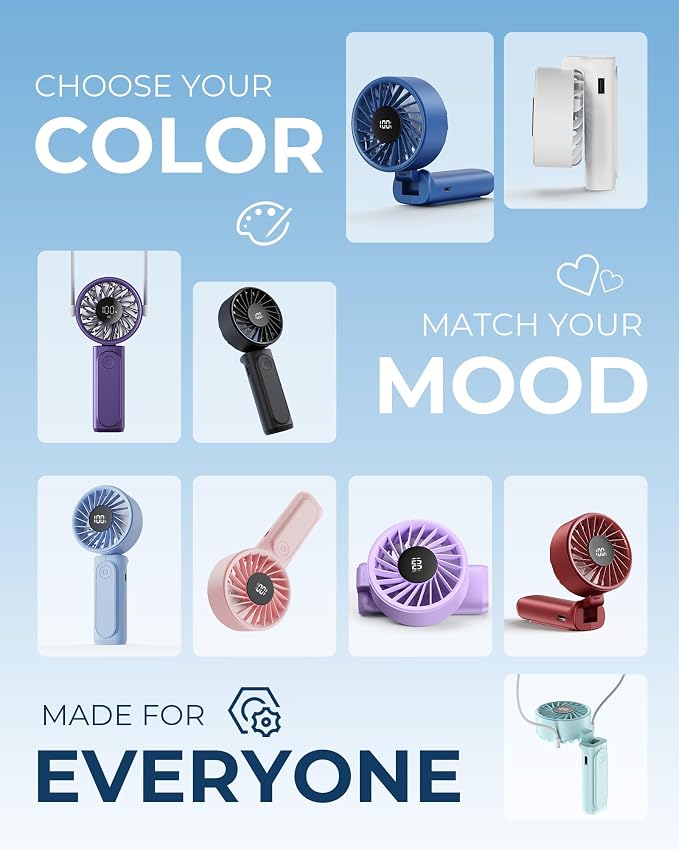Portable Handheld Fan, 4000mAh, USB Rechargeable 180° Foldable Mini Desk Fan, 6 Wind Speed, LCD Digital Display, Lanyard as