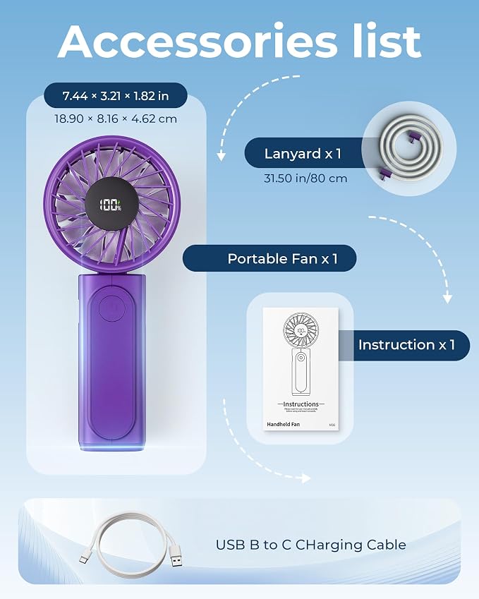 Portable Handheld Fan, 4000mAh, USB Rechargeable 180° Foldable Mini Desk Fan, 6 Wind Speed, LCD Digital Display, Lanyard as