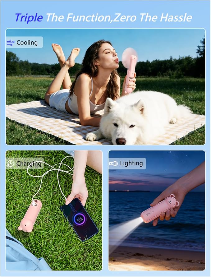 Portable Handheld Fan, Small Mini Foldable Personal Fan [26H Max Cooling Time], 3 IN 1 USB Rechargeable for Travel