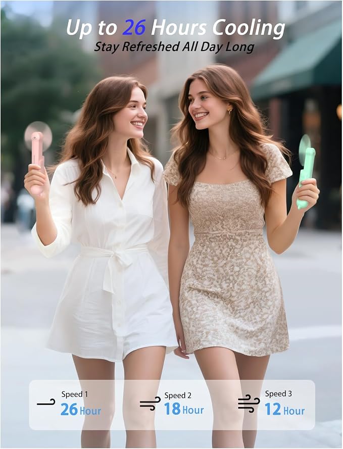 Portable Handheld Fan, Small Mini Foldable Personal Fan [26H Max Cooling Time], 3 IN 1 USB Rechargeable for Travel