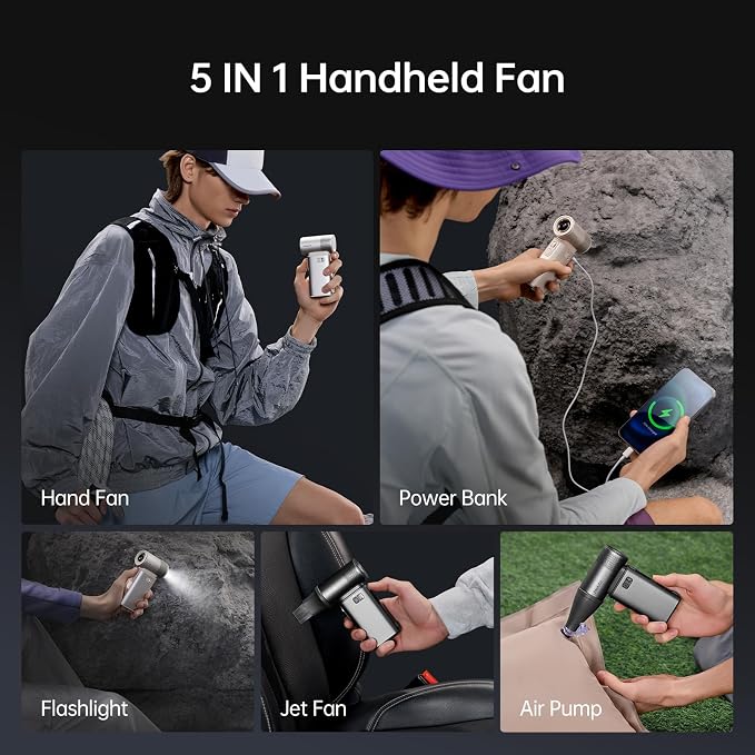 Portable Handheld Fan Ultra2, 9000mAh Max 25 Hrs, 5 IN 1, 100 Speed Turbo Fan Rechargeable 18W Power Bank with Flashlight