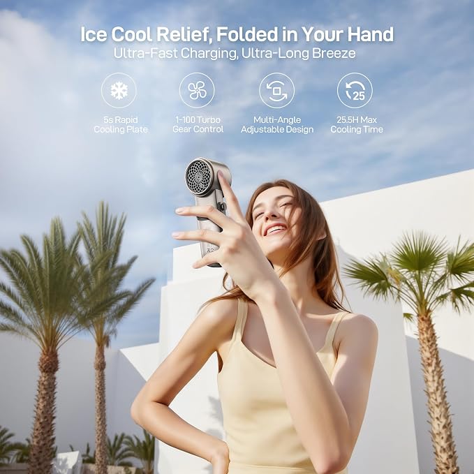 Portable Handheld Fan with Ice Cooler - 25H Runtime, Rechargeable 6800mAh Personal Turbo Fan, 0-100 Speed, Gifts for Women
