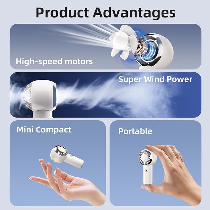 Portable Handheld Mini Fan, 3-Speed Settings with 16,900 RPM High-Speed Personal Fan, USB Rechargeable, Mini Fan with