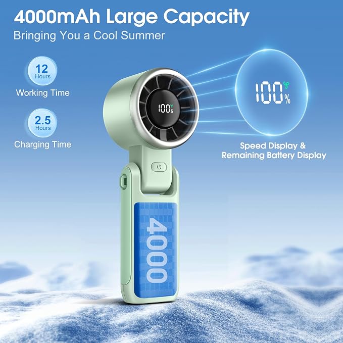 Portable Handheld Turbo Fan: 12m/s Strong Wind 15000RPM Mini Fan, 4000mAh Battery Rechargeable Personal Fan with LED Display