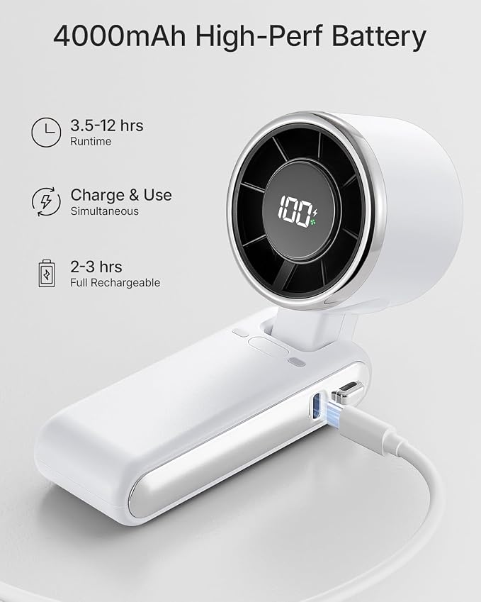 Portable Handheld Turbo Fan - 5 Gear High Speed 4000mAh Rechargeable Mini Personal Hand Fan Blow Cold Air, Battery Operated