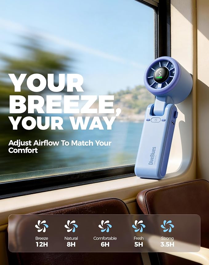 Portable Handheld Turbo Fan, 5 Gear Wind, Battery Operated, Up to 12 Working Hours, 3 IN 1 Hand Fan with Air Turbo Tech