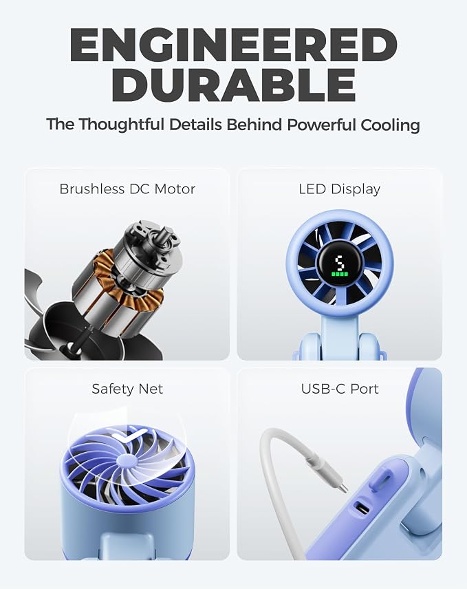Portable Handheld Turbo Fan, 5 Gear Wind, Battery Operated, Up to 12 Working Hours, 3 IN 1 Hand Fan with Air Turbo Tech