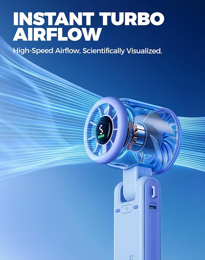 Portable Handheld Turbo Fan, 5 Gear Wind, Battery Operated, Up to 12 Working Hours, 3 IN 1 Hand Fan with Air Turbo Tech